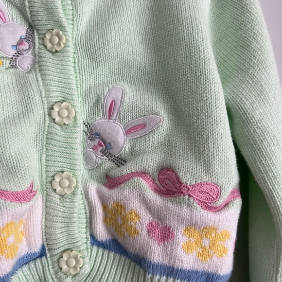 Bonnie Jean Green Cardigan Sweater with Bunnies Easter Spring - Picture 3 of 5